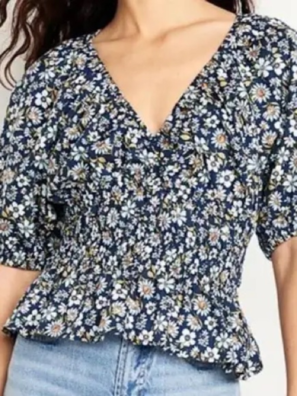 Old Navy Navy Floral Smocked V-Neck Peplum Top